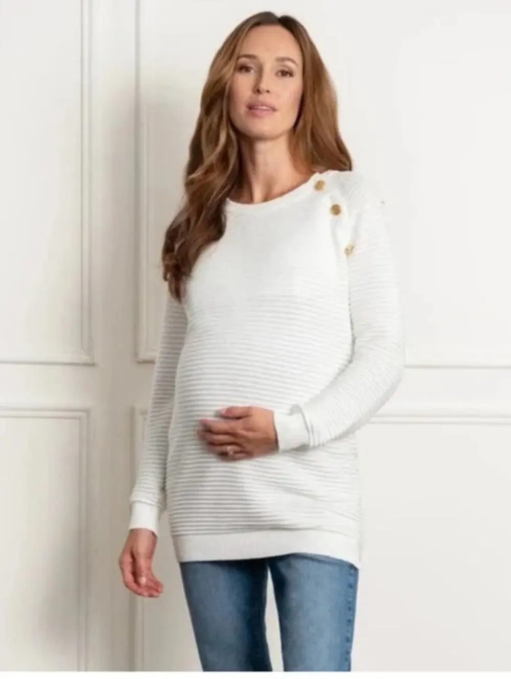 Seraphine Maternity Nursing Sweater XS Ivory Ribbed Gold Button Shoulder Cotton